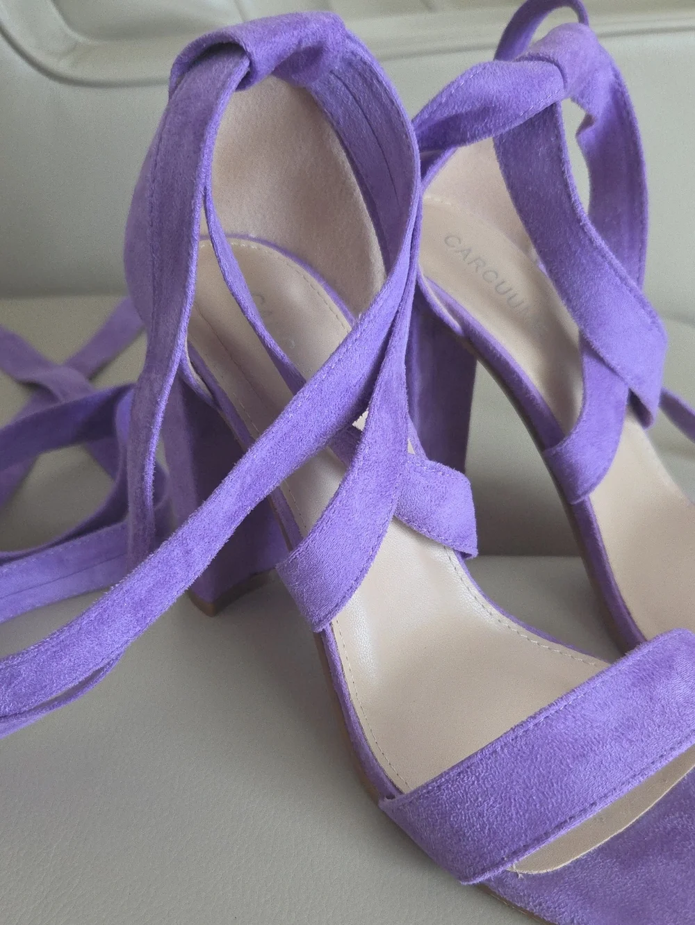 Crisscross Lavender Suede Block Heel Sandal with Ankle Tie - Women
